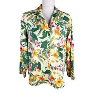 Hawaiian Poplin Button Up Blouse M Long Sleeves Floral